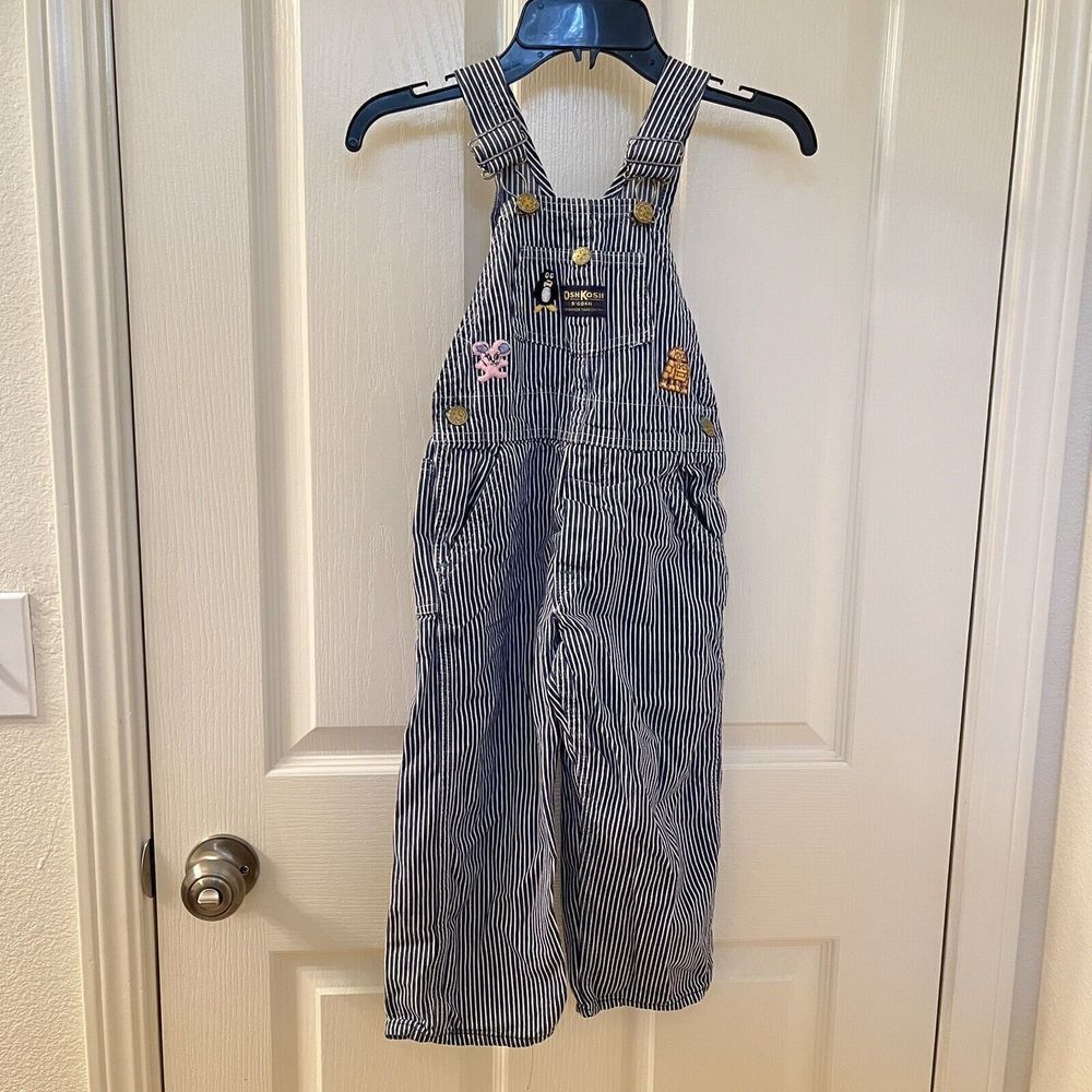 Vintage Oshkosh B'Gosh Kids Union Made Sanforized Overalls Blue Railroad Striped